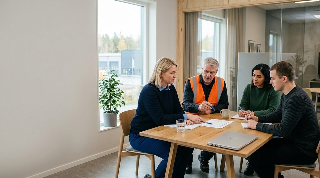 Chef, arbetsledare och skyddsombud arbetar tillsammans med riskbedömning i arbetsmiljön
